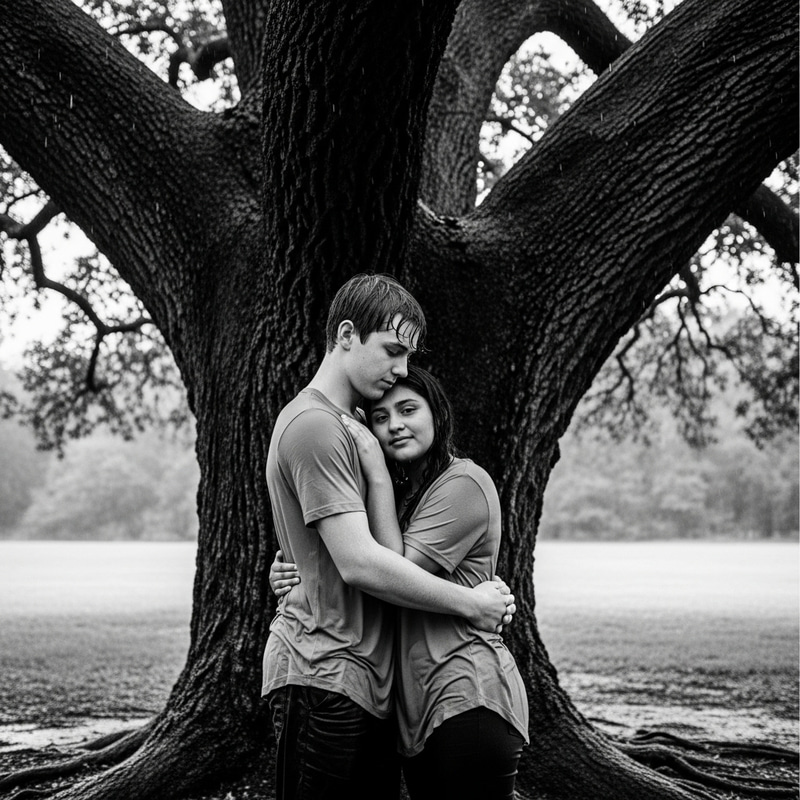 Nostalgic Romance Under Oak Tree | Timeless Black & White Photography