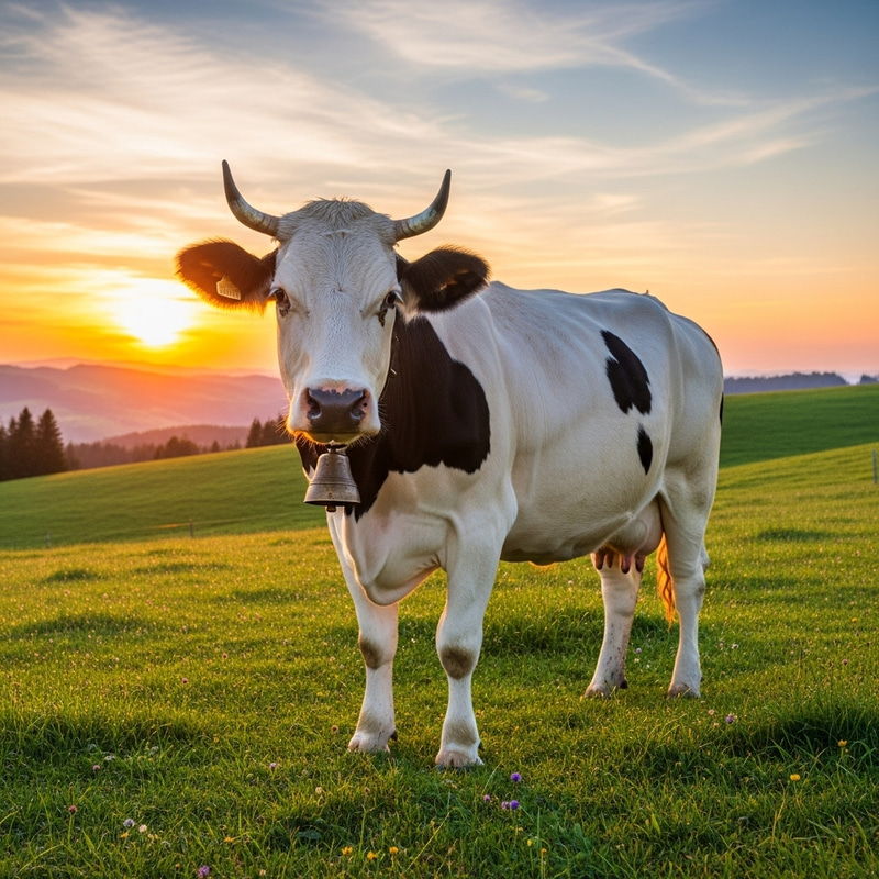 Beautiful Cow Grazing in Sunset Pasture Beautiful Cow Grazing in Sunset Pasture