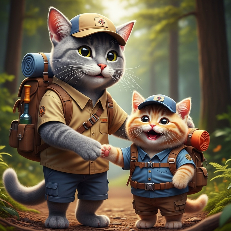Real-Life Grey Cat Tom & Ginger Kitten in Hiking Gear | Charming Scene Real-Life Grey Cat Tom & Ginger Kitten in Hiking Gear | Charming Scene