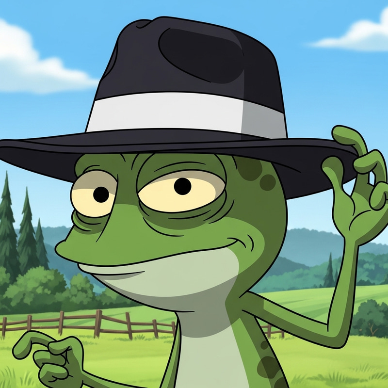 Fedora Hat Cartoon Character - Cheeky Pepe Style in Countryside Fedora Hat Cartoon Character - Cheeky Pepe Style in Countryside