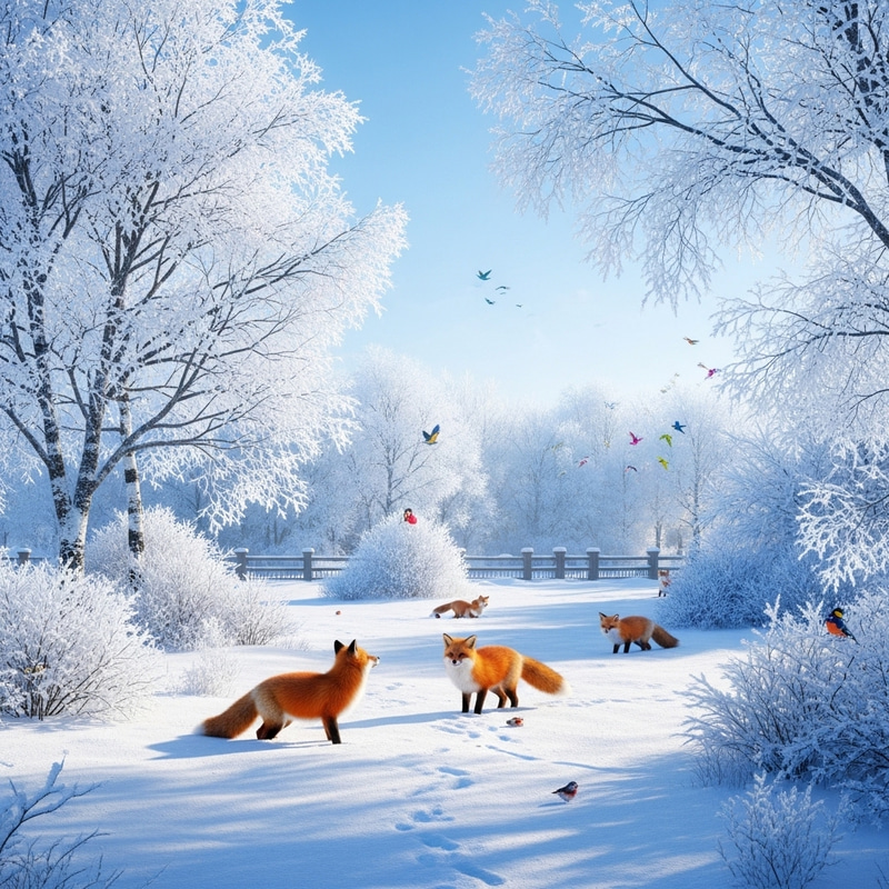 Winter Wonderland Garden with Foxes