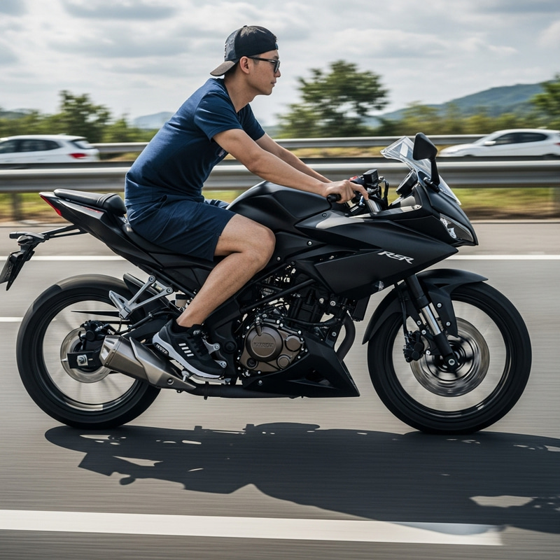 Slim Man Riding Black 200cc Speed Motorcycle on Highway with Nike Shoes Slim Man Riding Black 200cc Speed Motorcycle on Highway with Nike Shoes