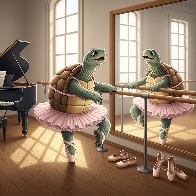 Tutu-Wearing Turtle Practicing Pointes in a Ballet Studio Tutu-Wearing Turtle Practicing Pointes in a Ballet Studio