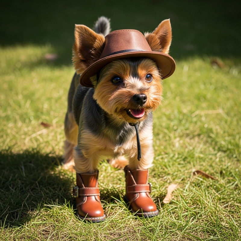 Cute Yorkshire Terrier with Boots and Hat Cute Yorkshire Terrier with Boots and Hat