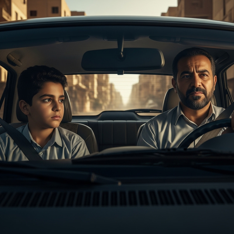 Egyptian Father and Son: Driving Through Streets with Dramatic Lighting Egyptian Father and Son: Driving Through Streets with Dramatic Lighting