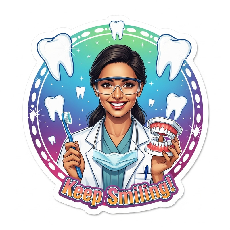Colorful Circle Dentist Sticker - South Asian Female, Keep Smiling!