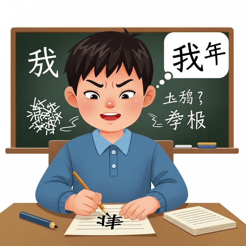 Young Asian Boy Struggling with Chinese Characters Young Asian Boy Struggling with Chinese Characters