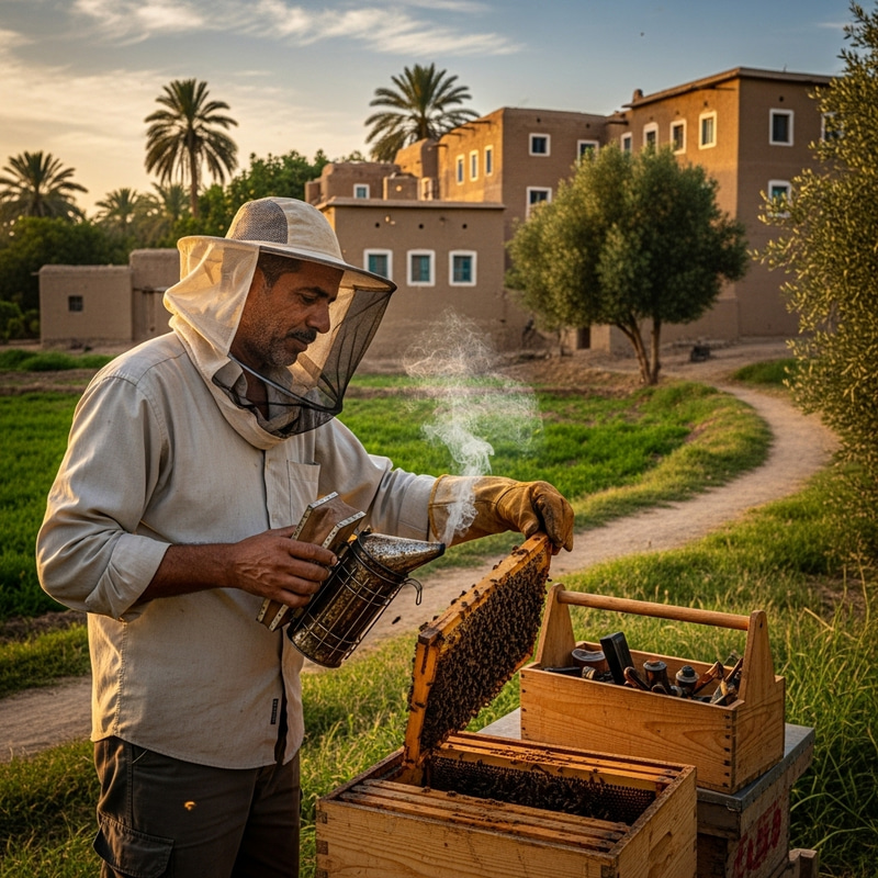 Beekeeper in Rural Egypt Tending Bees | Traditional Scene