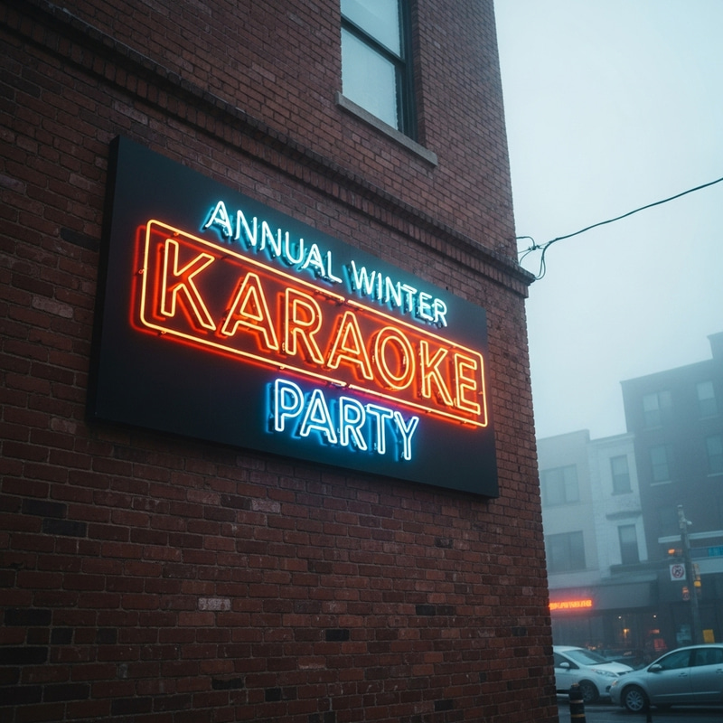 Neon Karaoke Party: Vibrant Winter Scene on Brick Wall Neon Karaoke Party: Vibrant Winter Scene on Brick Wall
