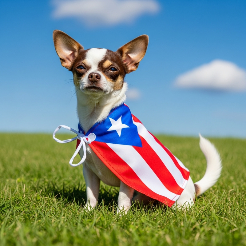 White and Brown Chihuahua in Puerto Rican Flag Cape White and Brown Chihuahua in Puerto Rican Flag Cape