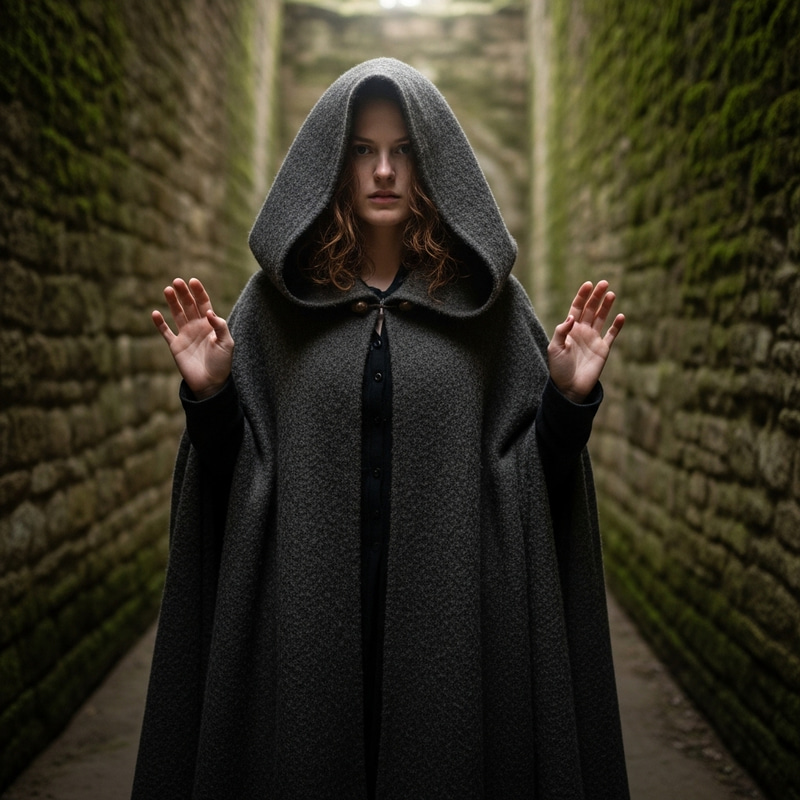 20-year-old woman in cloak with hood, full body shot, hands slightly raised 20-year-old woman in cloak with hood, full body shot, hands slightly raised