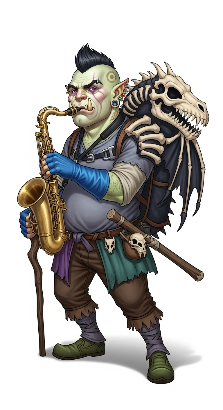 Colorful Half-Orc Entertainer with Unique Style and Musical Talent
