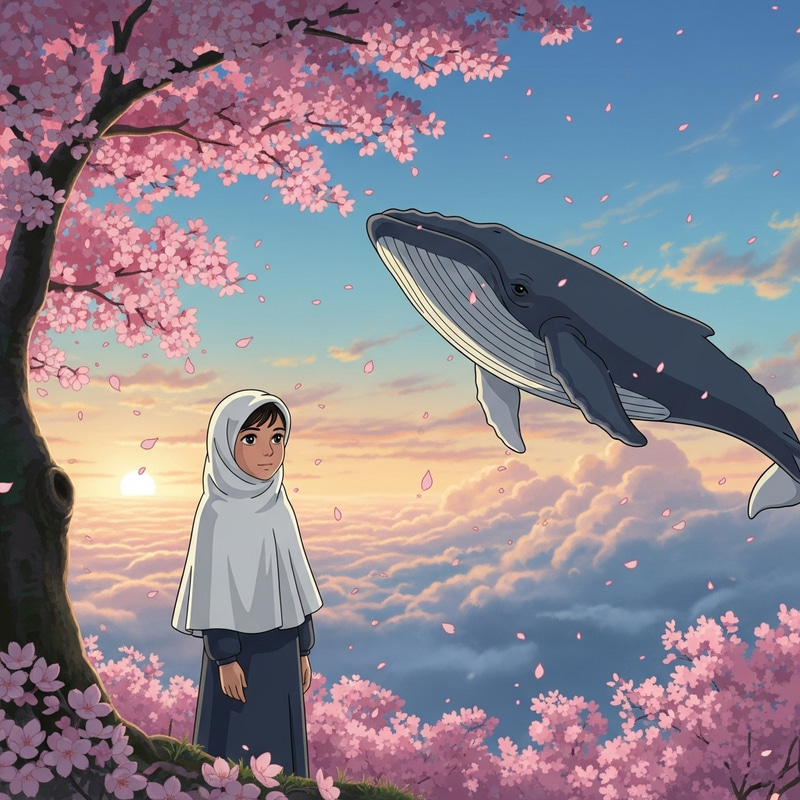 Middle-Eastern Girl in White Hijab with Sakura Blossoms and Blue Whale