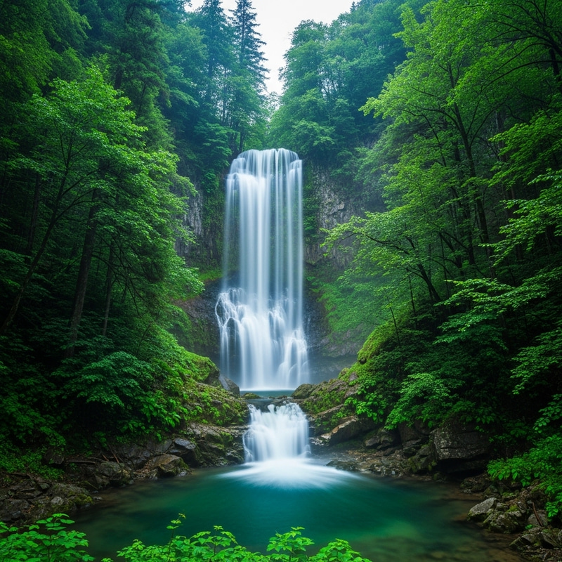 Resplendent Waterfall in Lush Forest - Vibrant Nature Photography Resplendent Waterfall in Lush Forest - Vibrant Nature Photography