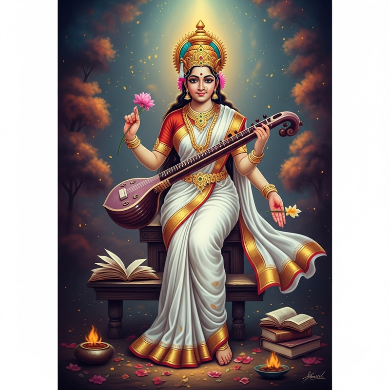 Saraswathie, Hindu Goddess in Flowing White Saree, Dreamlike Colors Saraswathie, Hindu Goddess in Flowing White Saree, Dreamlike Colors