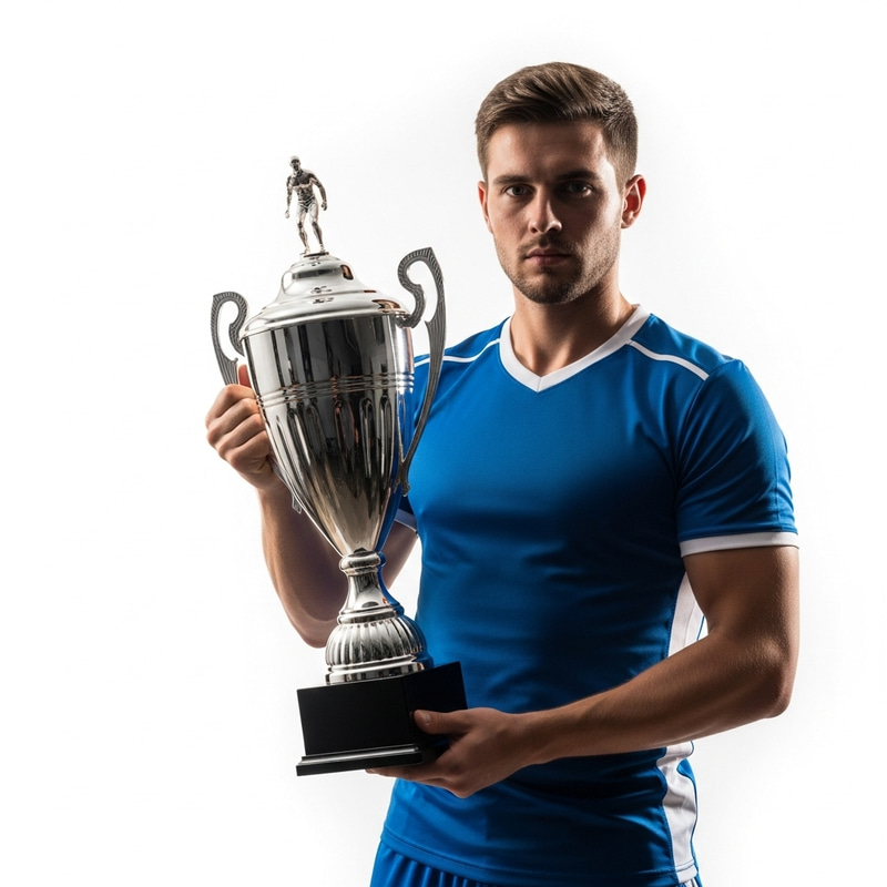 Dynamic Footballer with Trophy in High-Key Studio Setting