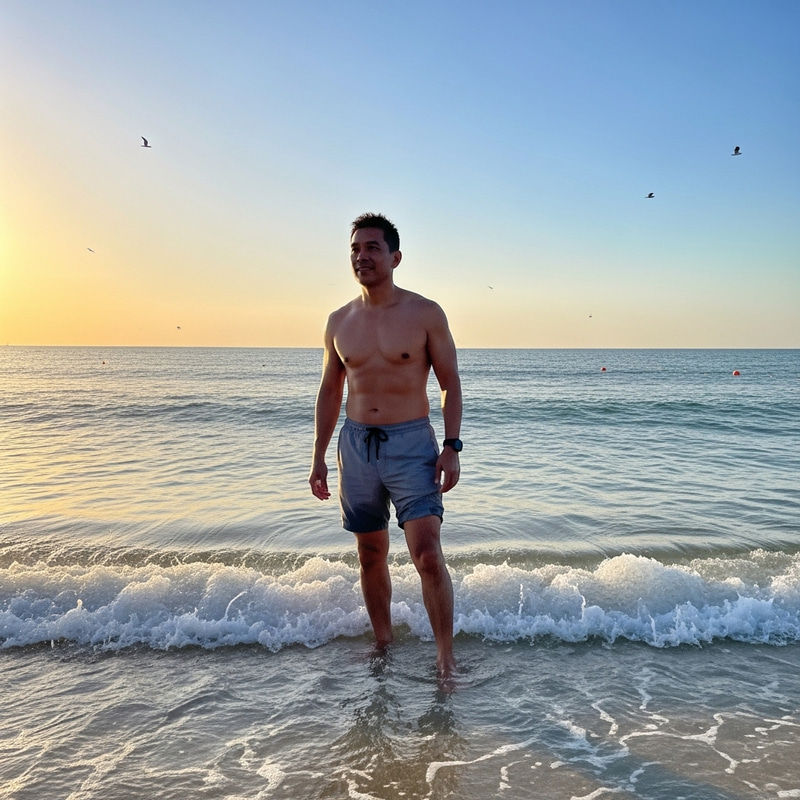 Fit Middle-Aged Man in Shorts Enjoying Seaside Serenity