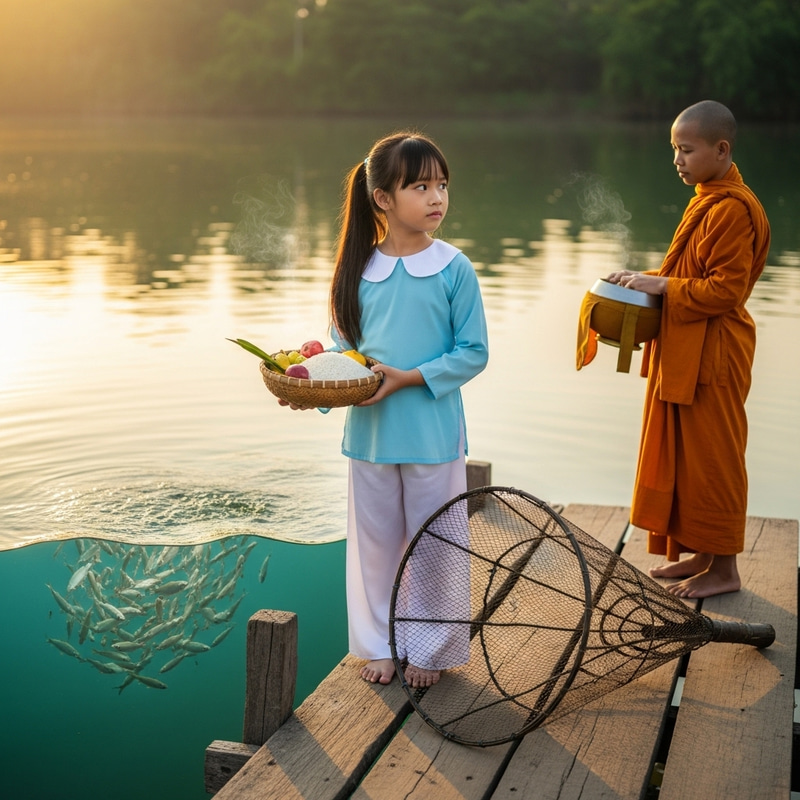 Vietnamese Girl Considering Offering to Monk vs Rescuing Fish Vietnamese Girl Considering Offering to Monk vs Rescuing Fish