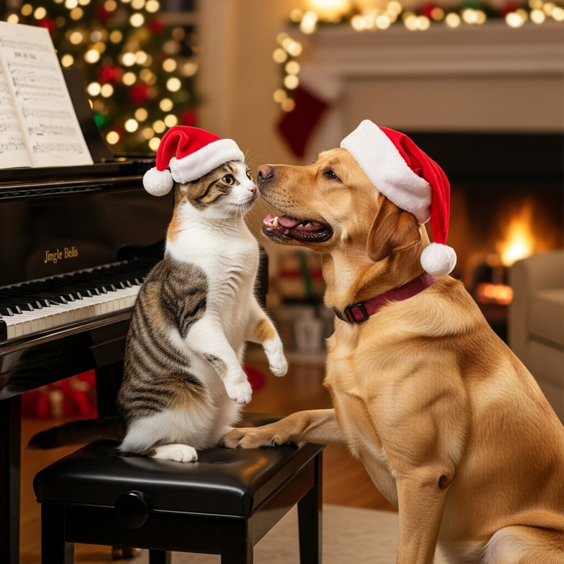Happy Cat (Tri-Color) and Labrador Dog in Christmas Hats Playing Piano Happy Cat (Tri-Color) and Labrador Dog in Christmas Hats Playing Piano