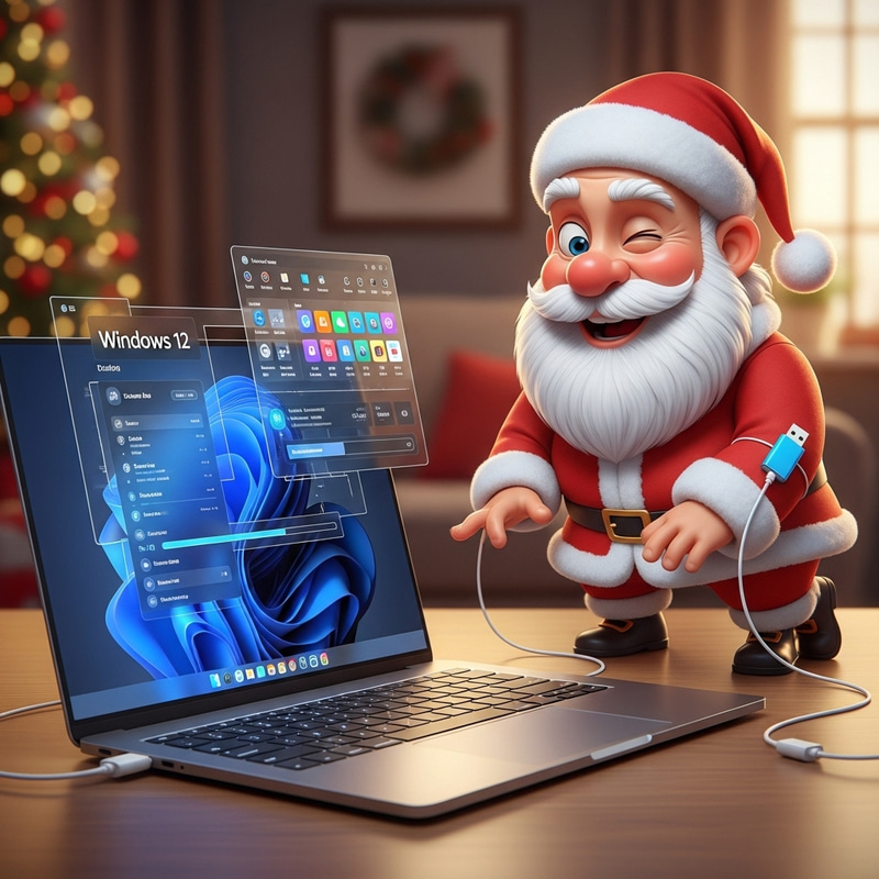 Santa Claus Bill Gates Installs Windows 12 OS with Realistic Graphics