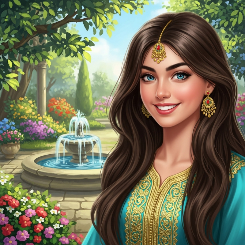 Beautiful Middle-Eastern Teenage Girl in Enchanting Garden Setting Beautiful Middle-Eastern Teenage Girl in Enchanting Garden Setting