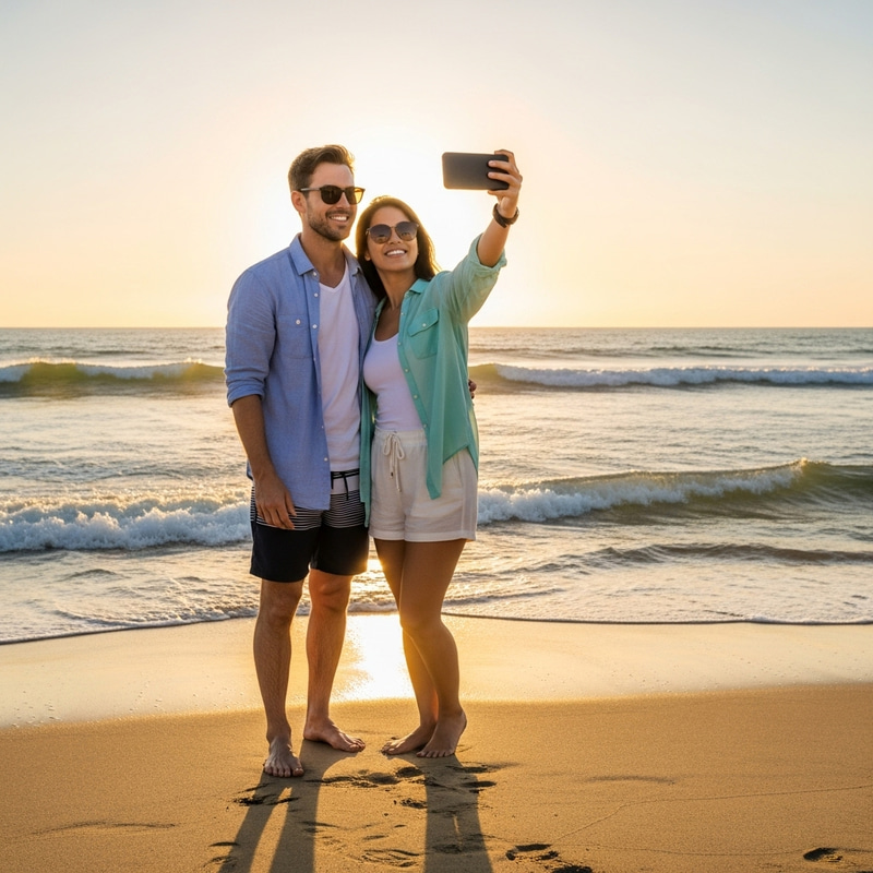 Beach Couple Selfie: Enjoying Sunset on the Shore Beach Couple Selfie: Enjoying Sunset on the Shore