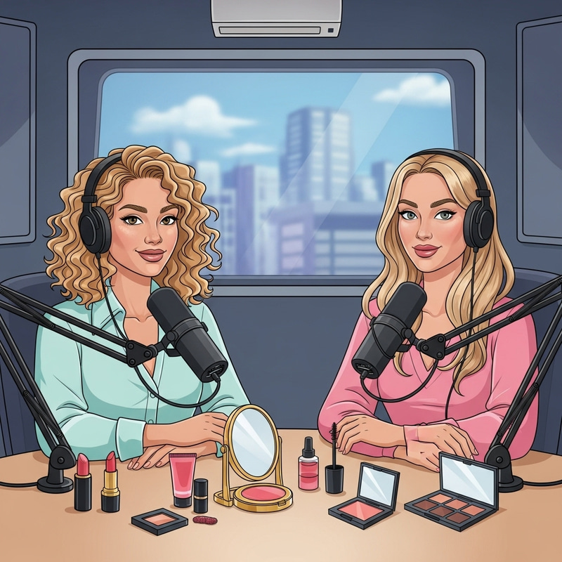 Blonde Girls Podcasting in Cosmetics-Styled Radio Studio Blonde Girls Podcasting in Cosmetics-Styled Radio Studio