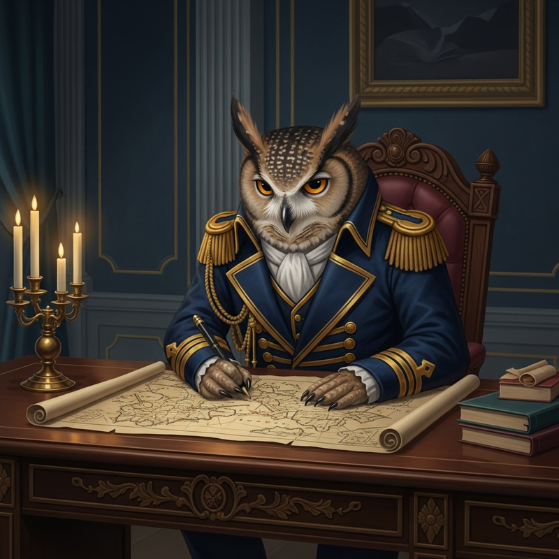 Distinguished Owl in Royal Navy Attire Studying Intricate Map Distinguished Owl in Royal Navy Attire Studying Intricate Map