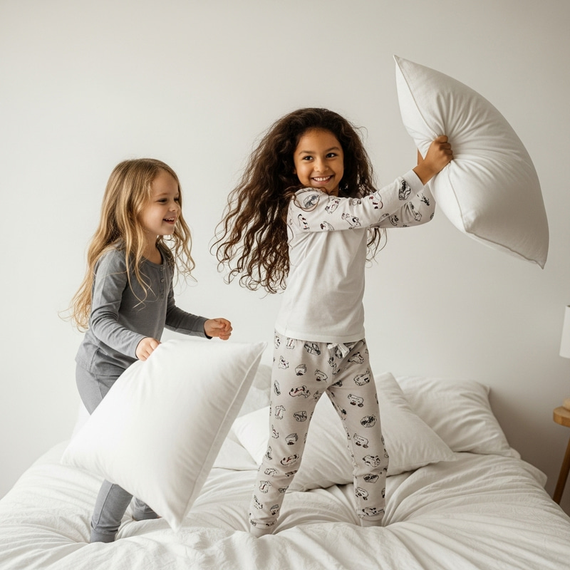 Innocent Joy of Childhood: Sweet Pillow Fight on Bed Innocent Joy of Childhood: Sweet Pillow Fight on Bed