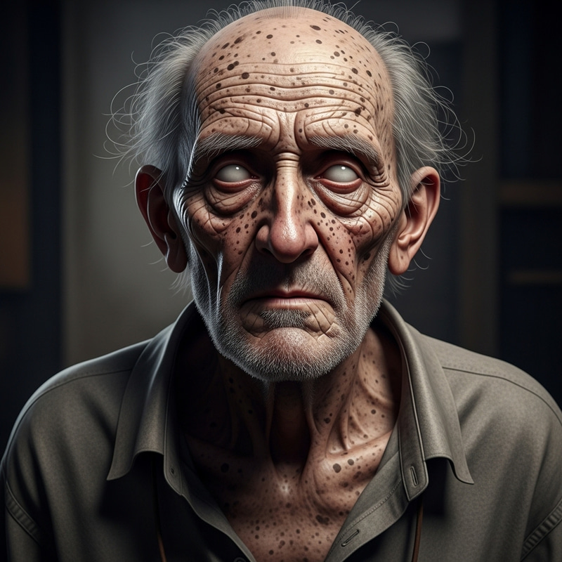 Eerie Realism: Frail Elderly Man with Blind Eyes in Realism Style