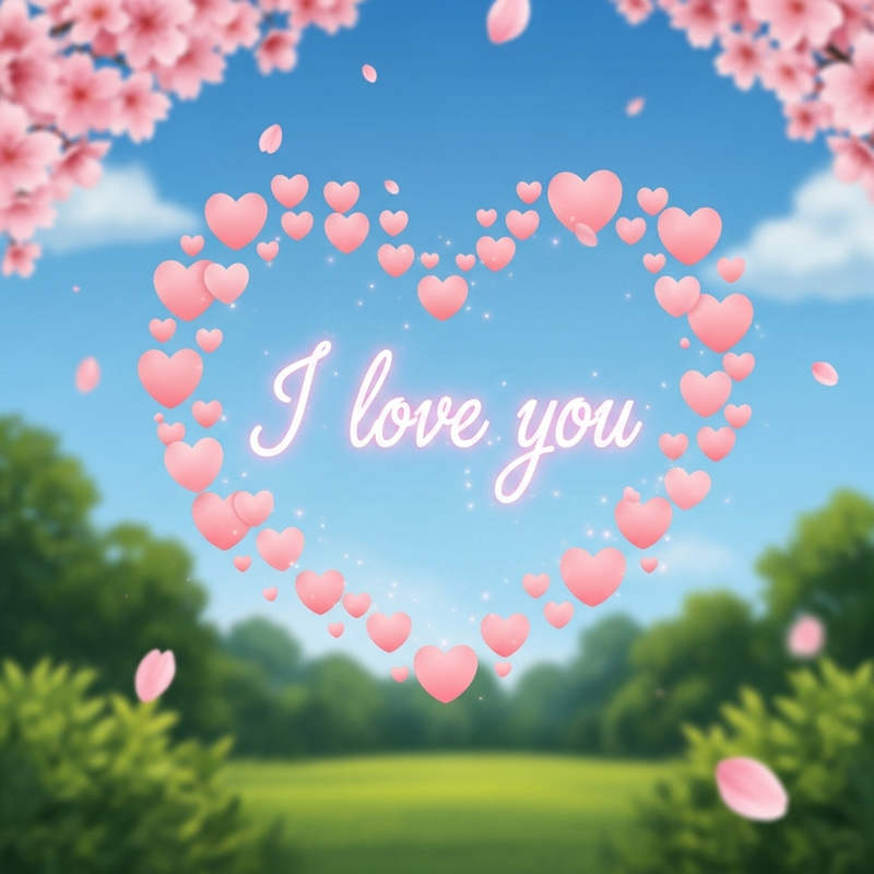 Romantic 'I Love You' Scene with Hearts and Cherry Blossoms Romantic 'I Love You' Scene with Hearts and Cherry Blossoms