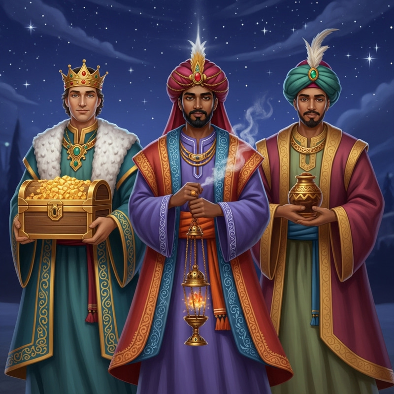 Three Wise Men: Gold, Frankincense, & Myrrh Illustration