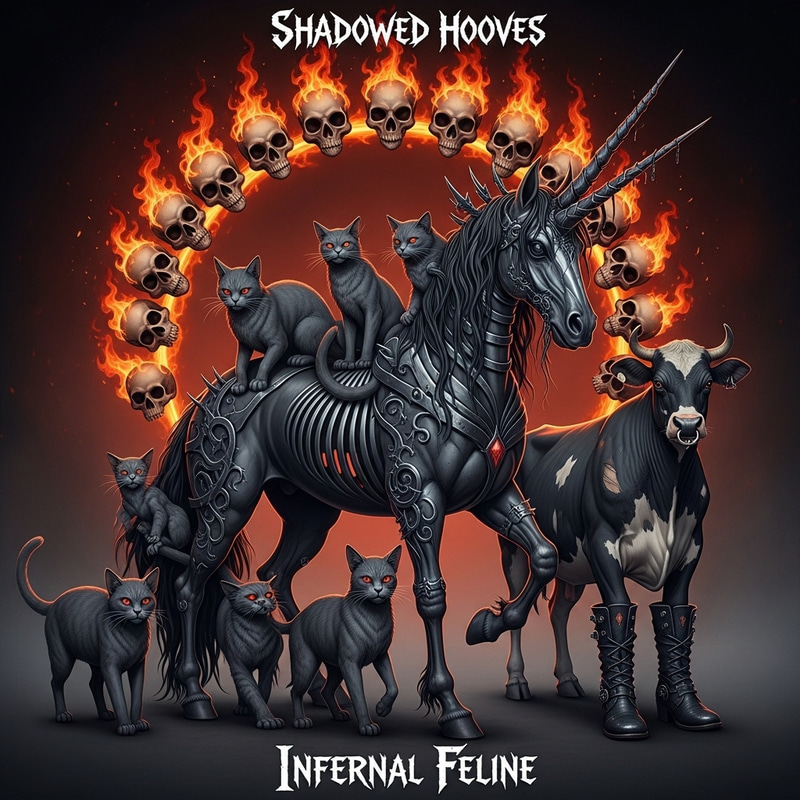 Gothic Unicorn Rock Album Cover with Grey Cats, Flaming Skulls & Leather-Booted Cow Gothic Unicorn Rock Album Cover with Grey Cats, Flaming Skulls & Leather-Booted Cow