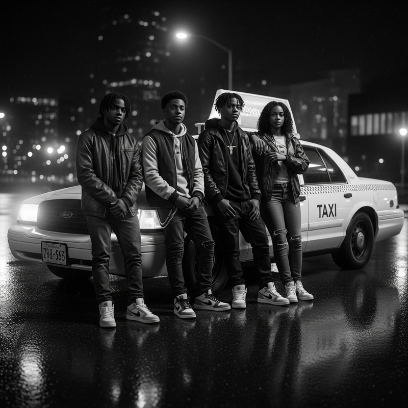 Vintage Streetwear Style: African American Teens in Urban Night Scene Vintage Streetwear Style: African American Teens in Urban Night Scene