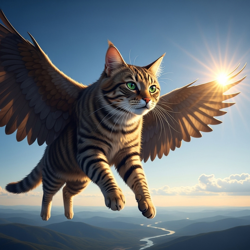 Flying Cat Soaring in Clear Blue Sky Flying Cat Soaring in Clear Blue Sky