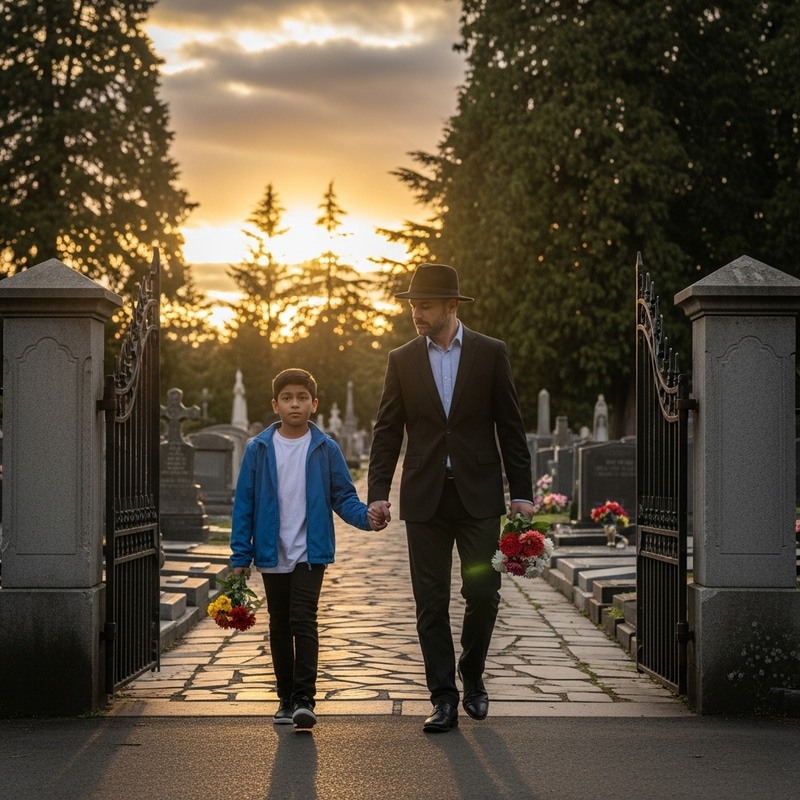 Father and Son Visiting Cemetery at Sunset Father and Son Visiting Cemetery at Sunset