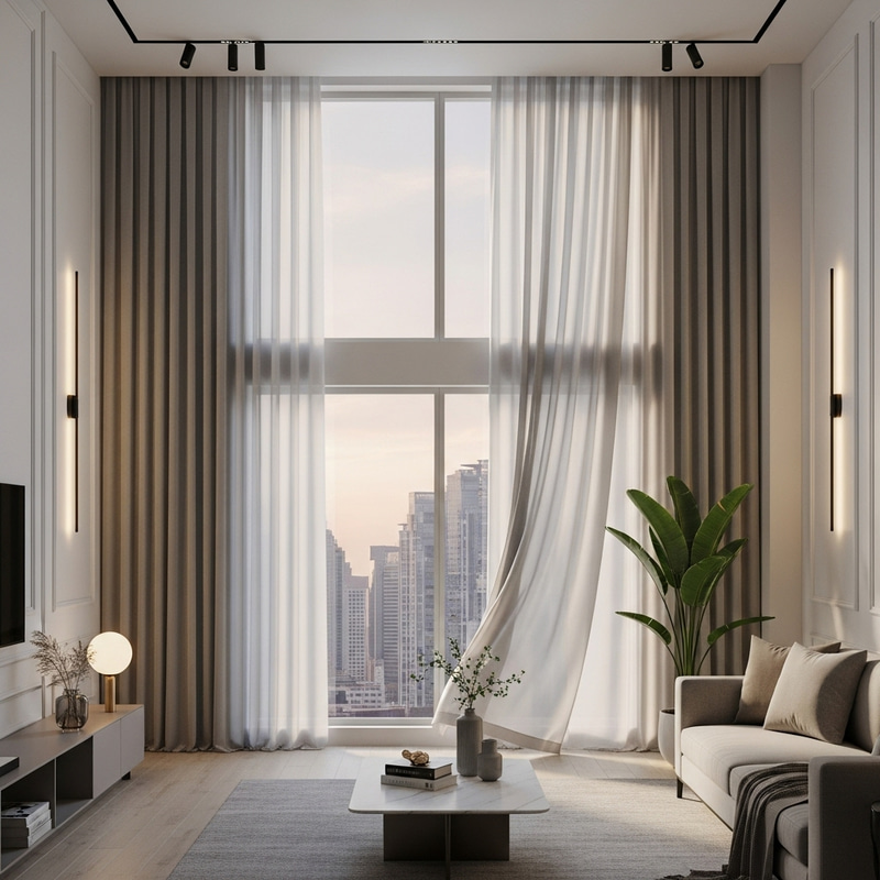 Realistic Modern Designer Interior with Beautiful Curtains Realistic Modern Designer Interior with Beautiful Curtains