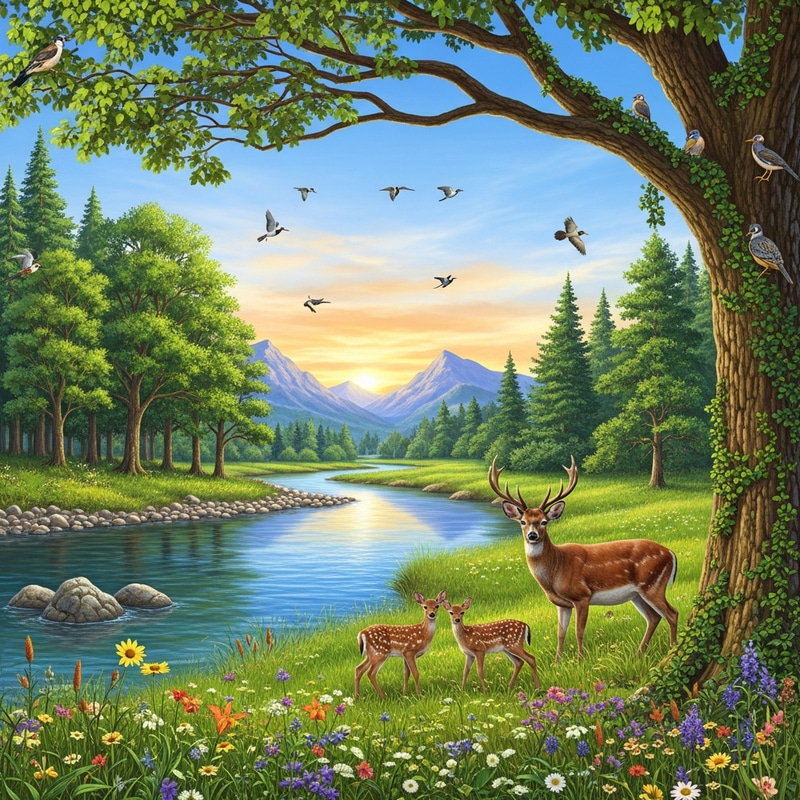 Beautiful Nature Landscape with Verdant Trees, River, Mountains Beautiful Nature Landscape with Verdant Trees, River, Mountains