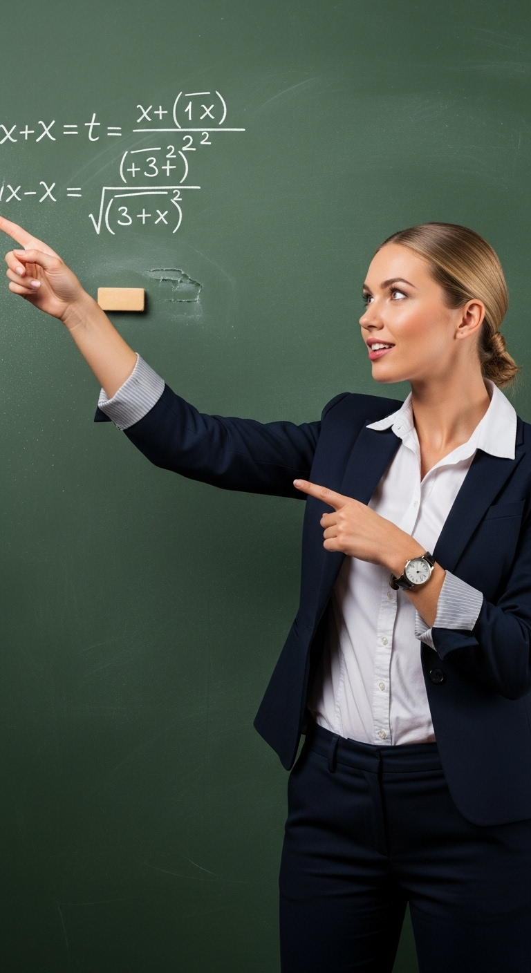 Realistic Blonde Businesswoman Pointing at Chalkboard Realistic Blonde Businesswoman Pointing at Chalkboard
