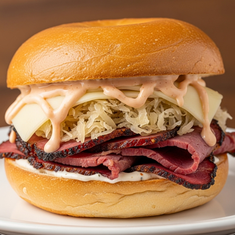 Delicious Pastrami Bagel with Sauerkraut & Swiss Cheese Delicious Pastrami Bagel with Sauerkraut & Swiss Cheese
