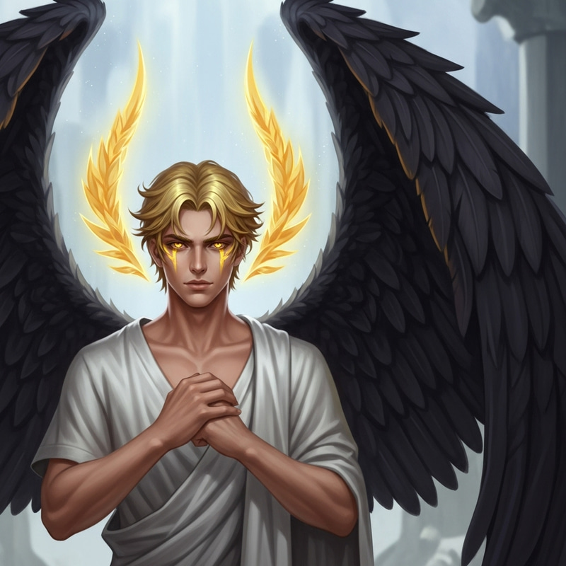 Golden-Haired Male Angel with Black Wings - Celestial Elegance Golden-Haired Male Angel with Black Wings - Celestial Elegance