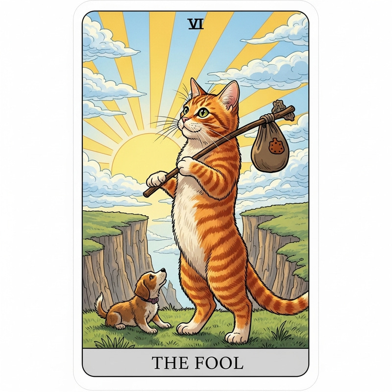 The Fool Tarot Card with Orange Cat - Whimsical and Vibrant Imagery The Fool Tarot Card with Orange Cat - Whimsical and Vibrant Imagery