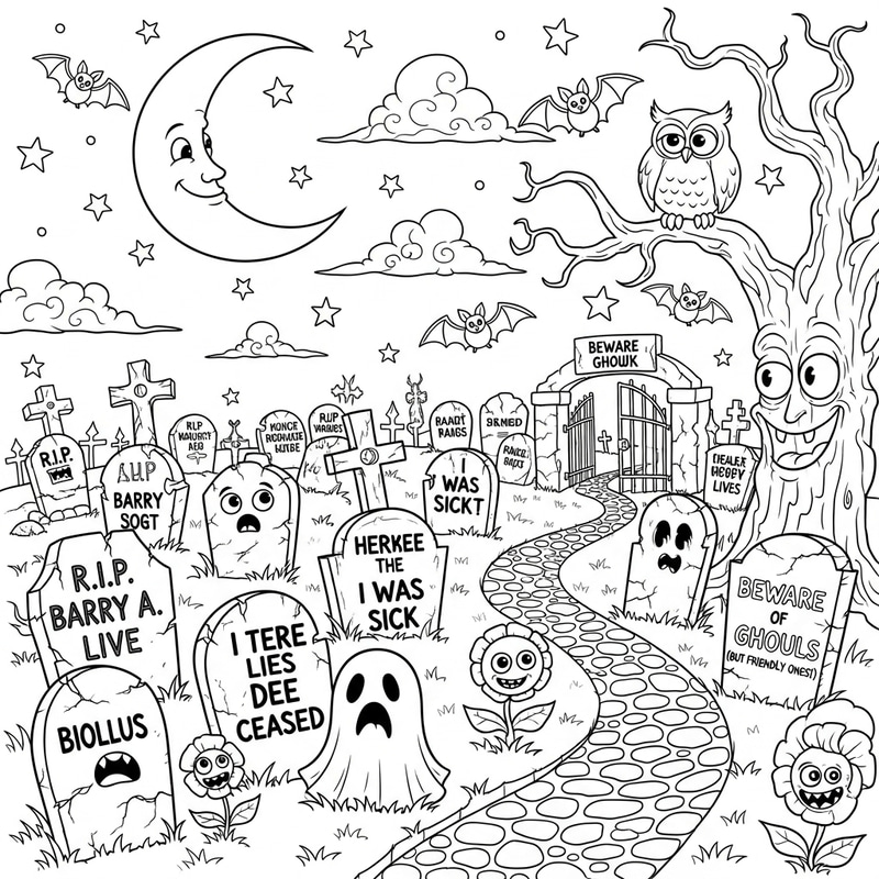 Cartoon Graveyard Coloring Page - Whimsical Fun