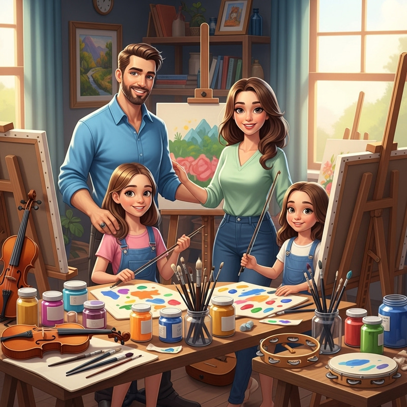 Artistic Family Portrait with Musical Instruments and Art Supplies | Creative Animation