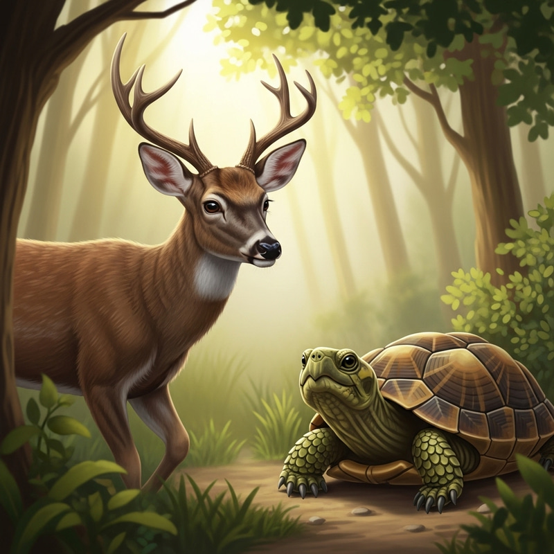 Majestic Deer and Turtle in Serene Country Landscape Majestic Deer and Turtle in Serene Country Landscape