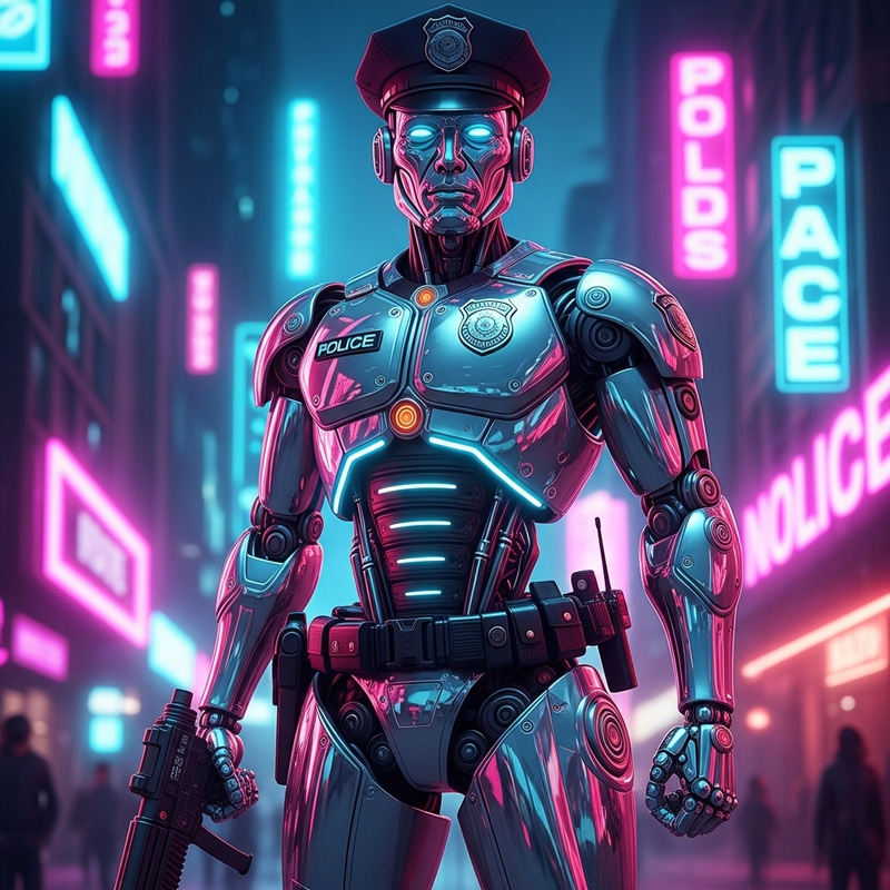 Future Cop and Robot Body in Neon City