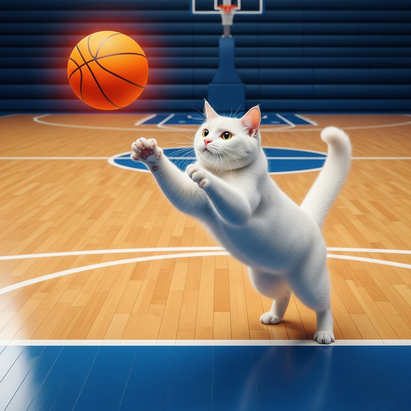Athletic Fluffy White Cat Leaping in Basketball Match Athletic Fluffy White Cat Leaping in Basketball Match