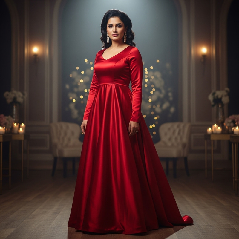 Serious Beautiful Woman in Red Dress - Elegant South Asian Lady at Evening Party Serious Beautiful Woman in Red Dress - Elegant South Asian Lady at Evening Party