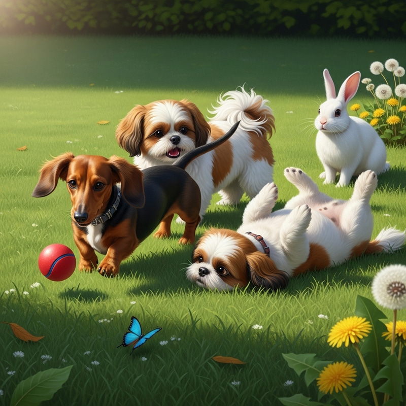 Adorable Dachshund, Shih Tzus & White Rabbit Frolicking on the Grass Adorable Dachshund, Shih Tzus & White Rabbit Frolicking on the Grass