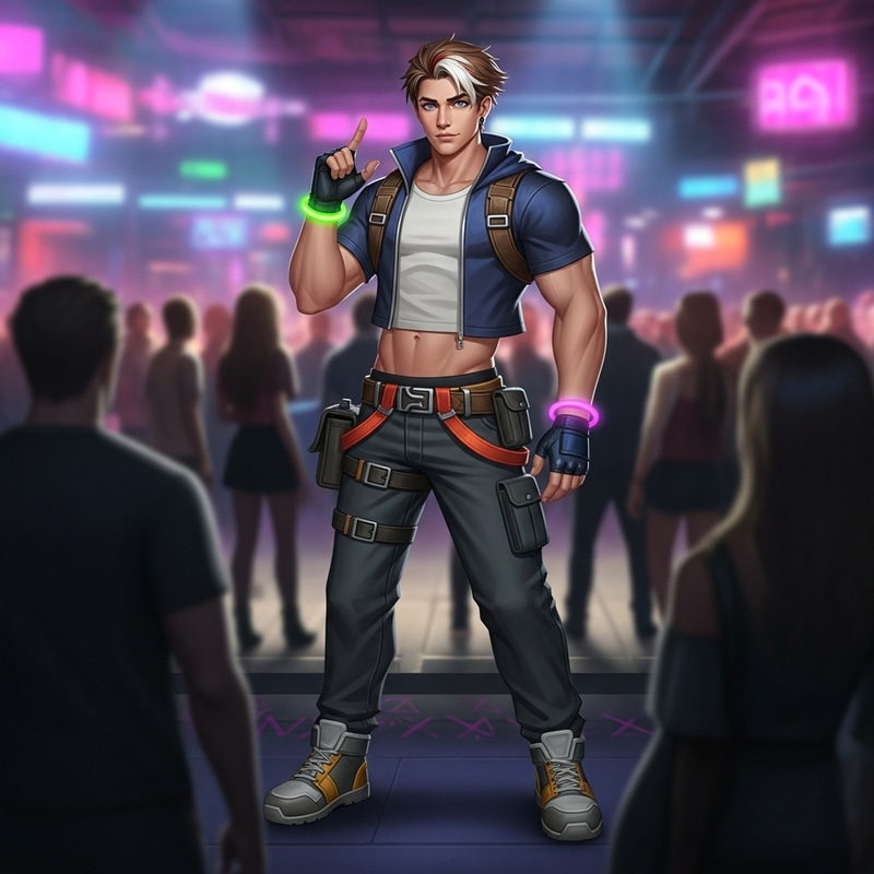 Muscular Caucasian Man with Unique Style in Vibrant Nightclub Setting Muscular Caucasian Man with Unique Style in Vibrant Nightclub Setting